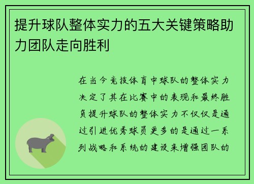 提升球队整体实力的五大关键策略助力团队走向胜利