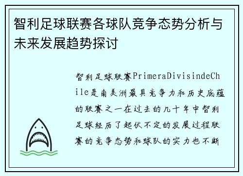 智利足球联赛各球队竞争态势分析与未来发展趋势探讨