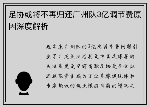 足协或将不再归还广州队3亿调节费原因深度解析 足协或将不再归还广州队3亿调节费原因深度解析
